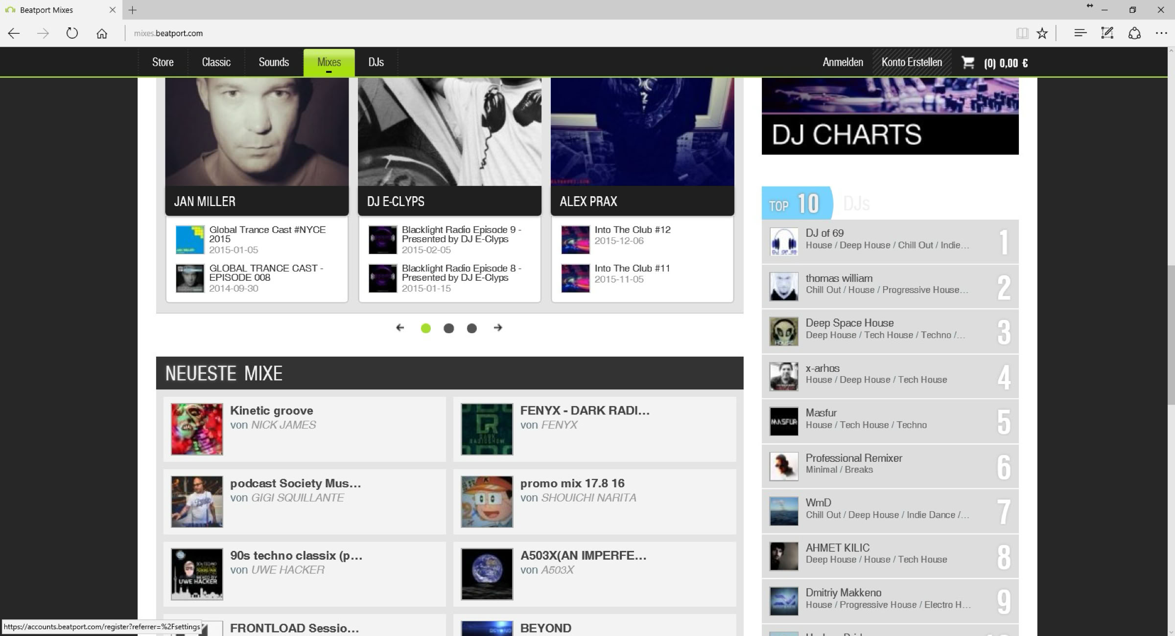 Beatport DJ Charts showing DJ of 69 ranked number 1 in Top 10 DJs and number 1 in Top 10 Mixes for Deep House and Chill Out