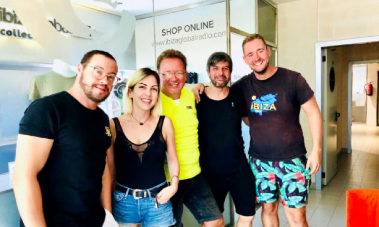 DJ of 69 at Ibiza Global Radio studios with Ana Tur, Jose Maria Ramon, and Miguel Garji
